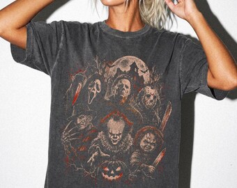 Camiseta com personagens clássicos de terror, camiseta vintage de filme slasher, camiseta gráfica de terror para o Halloween, camiseta para a temporada assustadora, presente para fãs de filmes de terror