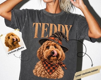 Camiseta personalizada de Halloween para mascotas, camiseta personalizada con foto de perro, camiseta con retrato de mascota con sombrero de bruja, camiseta personalizada con el nombre del perro, regalo espeluznante para mamás de perros