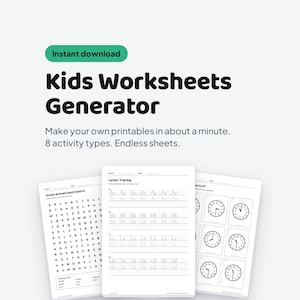 Może przedstawiać: Cyfrowe narzędzie do tworzenia materiałów edukacyjnych z tekstem Kids Worksheets Generator, Make your own printables in about a minute. 8 activity types. Endless sheets. Zawiera przykłady arkuszy z wykreślankami, nauką pisania liter oraz zegarami.