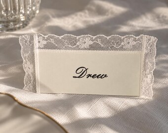 Personalized Lace Trim Wedding Place Cards – Cream Guest Name Cards with Elegant Black Script