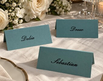 Personalized Teal Wedding Place Cards – Folded Guest Name Cards with Elegant Script