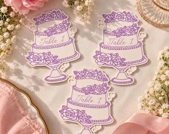 Wedding Cake Table Numbers – Purple Floral Cake-Shaped Reception Table Signs