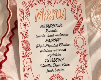 Personalized Italian Menu Cards – Pasta Illustration Wedding & Dinner Party Menus
