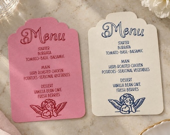 Personalized Cherub Wedding Menu Cards – Romantic Scalloped Top Dinner Menus