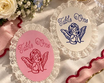 Cherub Wedding Table Numbers with Lace Trim – Romantic Oval Table Signs
