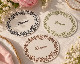 Personalized Oval Wedding Place Cards – Botanical Wreath Guest Name Cards