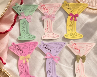 Personalized Martini Glass Place Cards with Bows – Wedding & Cocktail Party Name Cards