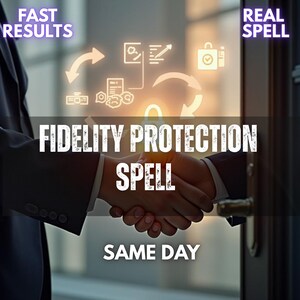 May include: A digital graphic featuring a handshake with the text FIDELITY PROTECTION SPELL, FAST RESULTS, REAL SPELL, and SAME DAY. Above the handshake are glowing icons of a padlock, a document, and arrows indicating a cycle of activity.