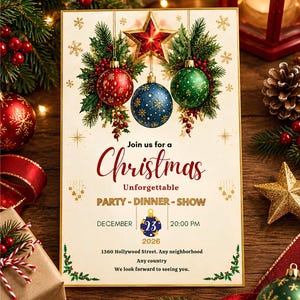 Puede incluir: Una tarjeta de invitación navideña rectangular con una estrella roja, adornos rojos, azules y verdes, y ramas de pino. El texto dice: Join us for a Christmas Unforgettable PARTY-DINNER-SHOW, DECEMBER 23 2026, 20:00 PM, 1360 Hollywood Street.