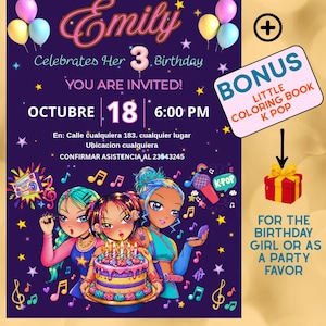 Puede incluir: Una tarjeta de invitación de cumpleaños morada con el texto Emily Celebrates Her 3 Birthday, Octubre 18, 6:00 PM y detalles de ubicación. Tres personajes ilustrados rodean un pastel de cumpleaños con velas, notas musicales y globos.
