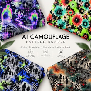 Pode incluir: Um pacote de download digital com quatro padrões sem costura distintos. Os designs incluem uma grade de silhuetas humanas térmicas neon, uma explosão floral vibrante, um motivo de figura humana pixelada em azul e preto e um mapa topográfico.