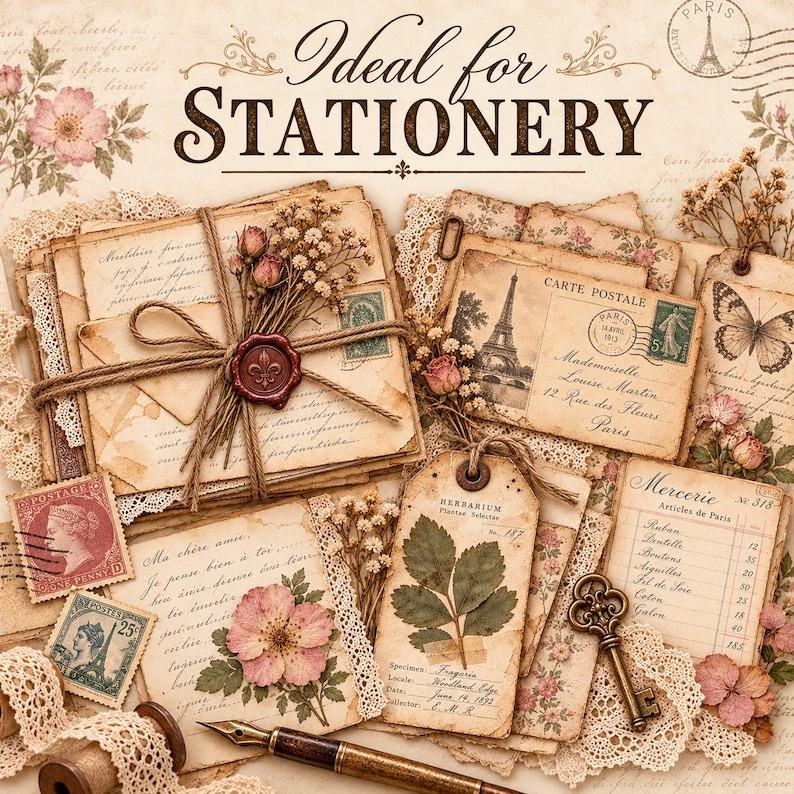 Vintage Junk Journal Ephemera PNG Bundle, 10 Antique Paper Clipart ...