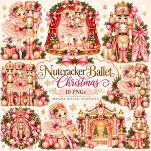 Puede incluir: Una colección de ilustraciones digitales con figuras de cascanueces y bailarines de ballet con atuendos rosas y dorados, rodeados de adornos navideños, lazos y regalos, con el texto Nutcracker Ballet Christmas 10 PNGs.