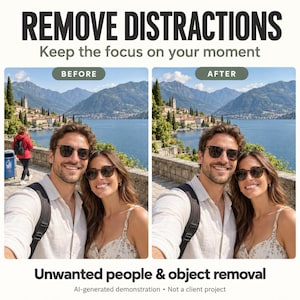 May include: A split-screen comparison showing an AI-powered photo editing tool. The left side shows a couple taking a selfie with a person in the background, while the right side shows the same couple with the background person removed.