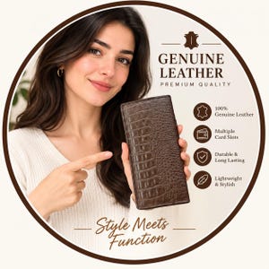 Pode incluir: Uma carteira retangular de couro castanho escuro com um padrão de textura de pele de crocodilo. A carteira apresenta o texto: GENUINE LEATHER, PREMIUM QUALITY, 100% Genuine Leather, Multiple Card Slots, Durable & Long Lasting, Lightweight & Stylish e Style Meets Function.