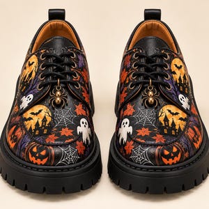 Halloween Oxford Shoes, Chunky Platform Derby Shoes, Gothic Pumpkin Print