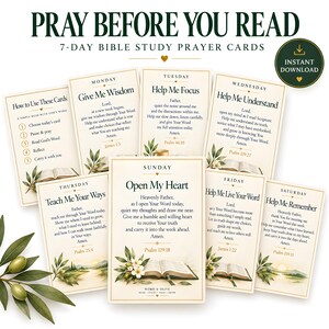 May include: A set of 7-day Bible study prayer cards titled PRAY BEFORE YOU READ. Each card features a day of the week, a prayer, a Bible verse, and illustrations of an open book and olive branches. A circular badge indicates INSTANT DOWNLOAD.