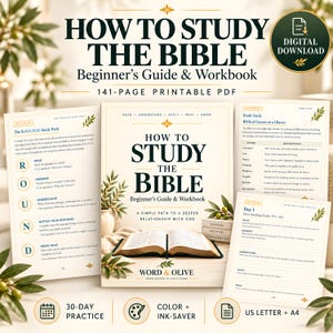 May include: A 141-page digital download workbook titled How to Study the Bible: Beginner's Guide & Workbook. The cover features an open book, olive branch illustrations, and the text Word & Olive. Includes study path pages and daily practice sheets.