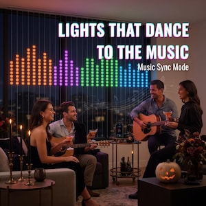 Puede incluir: Una pared de luces LED cuadradas que muestran un patrón de ecualizador de sonido colorido con el texto LIGHTS THAT DANCE TO THE MUSIC y Music Sync Mode. Las luces cambian de naranja a morado, verde y azul sobre el fondo oscuro de la ventana.