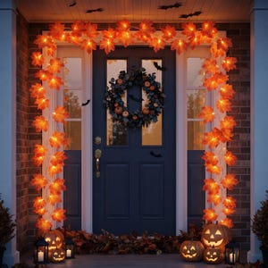 Puede incluir: Una guirnalda de luces con hojas de arce naranjas enmarca una puerta de entrada azul oscuro. Una corona oscura con pequeñas calabazas cuelga de la puerta. Varias calabazas talladas con interiores brillantes descansan junto a faroles negros.