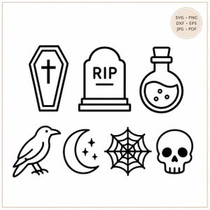 May include: A collection of seven black line art icons featuring a coffin with a cross, a tombstone with the text RIP, a potion bottle, a crow, a crescent moon with stars, a spider web, and a human skull. A circular badge displays SVG, PNG, DXF, EPS, JPG, PDF.
