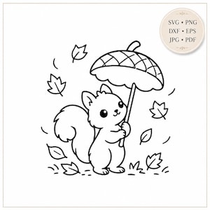 May include: A black and white line art illustration of a squirrel holding an acorn-shaped umbrella, surrounded by falling leaves. A circular badge in the top right corner contains the text SVG, PNG, DXF, EPS, JPG, and PDF.