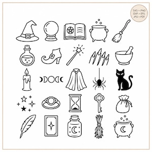 May include: A collection of twenty-five black and white line art icons featuring a witch hat, crystal ball, spellbook, cauldron, broom, potion bottle, shoe, wand, fingers, mortar and pestle, candle, moon phases, cloak, spider, cat, stars, ring, hourglass, key, pouch, feather, tarot card, jar, bundle of herbs, and a moon cauldron.