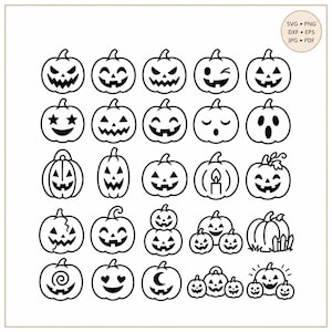 May include: A collection of twenty-five black and white line art pumpkin illustrations featuring various jack-o'-lantern facial expressions, including stars, hearts, and crescent moons. A small circular badge in the top right corner lists SVG, PNG, DXF, EPS, JPG, and PDF.