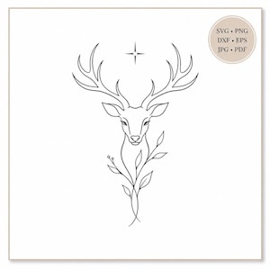 May include: A black and white line art illustration of a deer head with large antlers, a four-pointed star above, and leafy branches at the base. A circular badge in the top right corner contains the text SVG, PNG, DXF, EPS, JPG, and PDF.