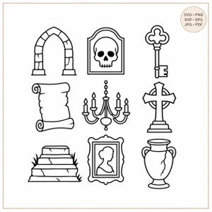 May include: A collection of nine black and white line art icons featuring a stone archway, a skull in a frame, a skeleton key, a scroll, a chandelier, a cross, stone steps, a framed portrait of a person, and a cracked vase with text SVG PNG DXF EPS JPG PDF.