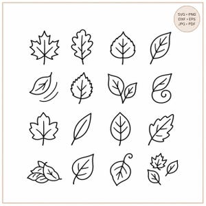 May include: A collection of sixteen black line art leaf icons arranged in a four-by-four grid. The designs include various shapes such as maple, oak, and simple oval leaves, with some featuring stems or curls. A circular badge displays SVG, PNG, DXF, EPS, JPG, PDF.