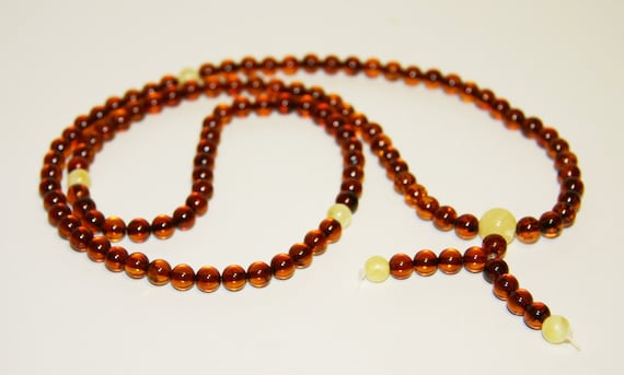 108 Genuine Baltic amber Buddhist Mala rosary prayer 6 mm round beads, cognac color