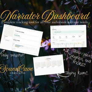 Pode incluir: Uma ferramenta de rastreamento digital Narrator Dashboard com três capturas de tela de interface rotuladas como Daily snapshot, track paces, progress, and more, e Trophy Room. O logotipo SoundCave Creations é visível contra um fundo floral escuro.