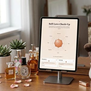 May include: A tablet on a silver stand displaying a Self-Love Check-Up chart with a spider web graph. The screen shows text and a central orange polygon. Surrounding the tablet are perfume bottles, potted succulents, makeup brushes, and a compact.