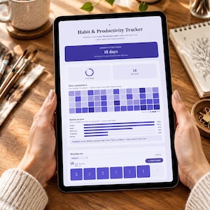 Könnte beinhalten: Ein Tablet mit einer Habit & Productivity Tracker-Oberfläche in Violett. Der Bildschirm zeigt eine 18-tägige Serie, ein Konsistenzraster aus violetten Quadraten, Fortschrittsbalken für Lebensbereiche und einen Bereich für Morning run.
