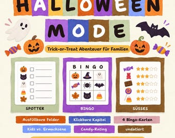 Halloween Spiele für Kinder & Eltern PDF – Trick or Treat Abenteuer | Bingo, Spotter, Challenges und Candy Rating | 35 Seiten