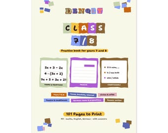 Grade 7 and 8 Workbook PDF for Middle School | Printable Math, English and German Worksheets with Answers | 101 Pages