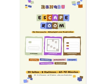 Escape Room-spel att skriva ut, mysteriespelet The Observatory som PDF-nedladdning för barns födelsedagar och familjeevenemang