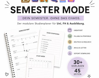 Studienplaner PDF | Undatierter Semesterplaner für Uni und Studium | Prüfungen, Deadlines & Lernplan | Printable