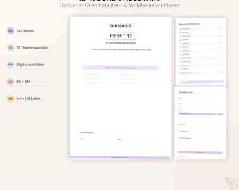 DENQLY RESET 13 | Planificador de reinicio de 13 semanas en PDF | Diario de hábitos y bienestar | Rellenable e imprimible