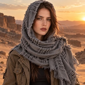 May include: A grey scarf with a loose, open-weave texture and frayed edges, draped over the head and shoulders. The scarf features a visible grid-like pattern throughout the fabric, creating a lightweight and layered appearance.