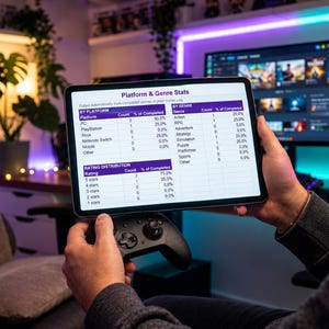 May include: A tablet displaying a Platform and Genre Stats chart with columns for platform, genre, and rating distribution, held above a black game controller. The screen shows data tables with text including Platform, Genre, and Rating Distribution.
