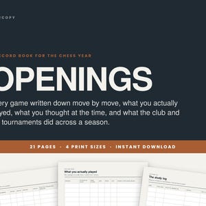 May include: A dark blue digital record book for chess openings featuring the text FAIRCOPY, A RECORD BOOK FOR THE CHESS YEAR, OPENINGS, and descriptive text about game logs. Below are three white pages with tables for game and study logs.