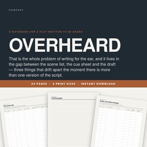 May include: A digital notebook for plays titled OVERHEARD, featuring a dark background with white text. It includes 24 pages, 4 print sizes, and an instant download. The layout displays three document templates: The scene list, Drafting pages, and Drafts, and what changed.