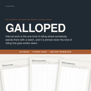 以下が含まれることがあります： GALLOPEDと題された馬のフィットネスインターバルトレーニング記録用デジタルログ。22ページ構成で4種類の印刷サイズに対応。トレーニングセッション、馬の詳細、騎乗後の観察を記録するための構造化された表が含まれています。