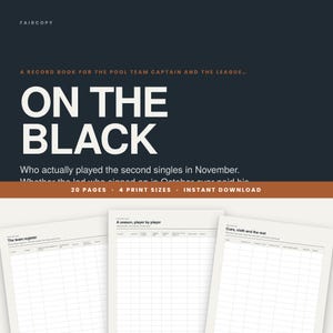 May include: A digital record book for pool team captains titled ON THE BLACK, featuring a dark background with white text. The document includes 20 pages with tables for team registration, player statistics, and match details, presented in a clean layout.