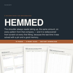 Könnte beinhalten: Ein digitales Notizbuch für die Schneiderei mit dem Titel HEMMED, auf dunklem Hintergrund mit weißem Text und orangefarbenen Akzenten. Das Dokument umfasst 12 Seiten, 4 Druckgrößen und ist ein Sofort-Download. Es enthält Tabellen zur Erfassung von Schnittmusteränderungen, Anproben und Anpassungen.