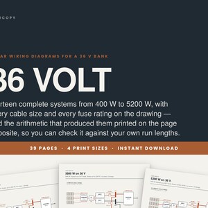 May include: A digital document titled 36 VOLT featuring solar wiring diagrams for a 36 V bank. It includes thirteen complete systems from 400 W to 5200 W, with cable sizes, fuse ratings, and arithmetic calculations across 39 pages in 4 print sizes.