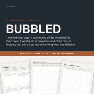 Puede incluir: Un registro de alimentación digital para ginger bug titulado BUBBLED, con 15 páginas y 4 tamaños de impresión. El documento incluye secciones para rastrear horarios de alimentación, notas aclaratorias y un registro para botellas.