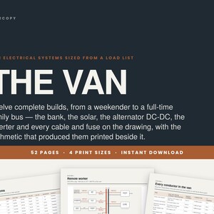 May include: A digital document titled THE VAN, featuring van electrical systems sized from a load list. It includes twelve complete builds, 52 pages, and 4 print sizes. The text details solar, alternator, DC-DC, inverter, cable, and fuse specifications.